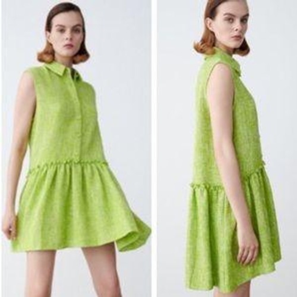 Zara Tunic Top Women Medium Lime Green Tweed Sleeveless Ruffle Peplum Collared